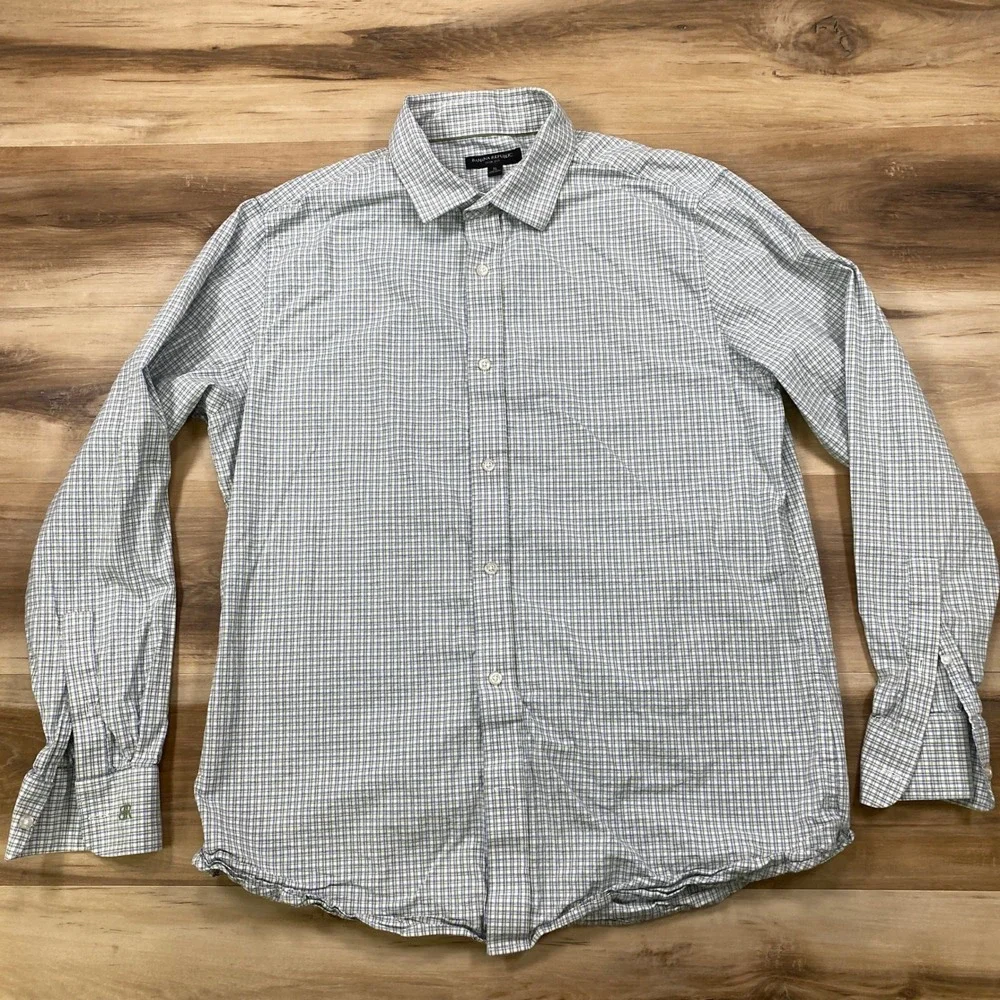 Banana Republic Shirt Mens XL Slim Fit Cotton Stretch Micro Check Blue Green Ivy